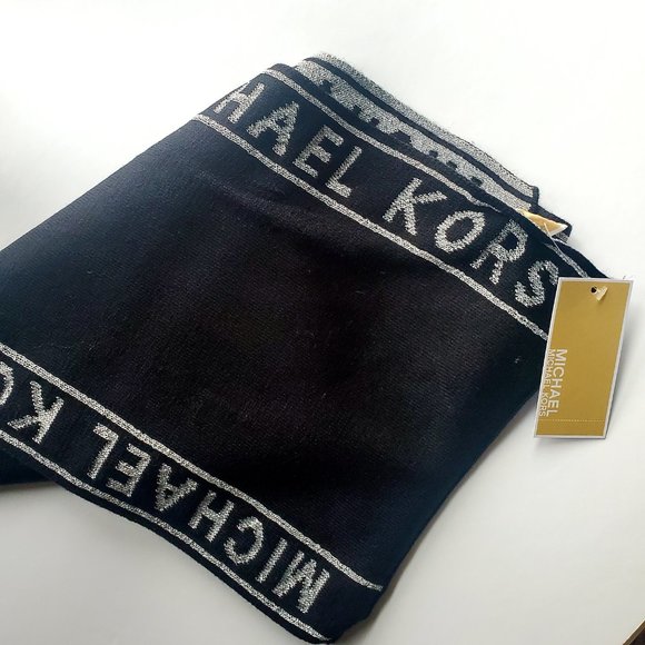 NWT MICHAEL KORS Women's Knit Long Scarf Logo Name Black & Metallic Silver Gift - Picture 8 of 8
